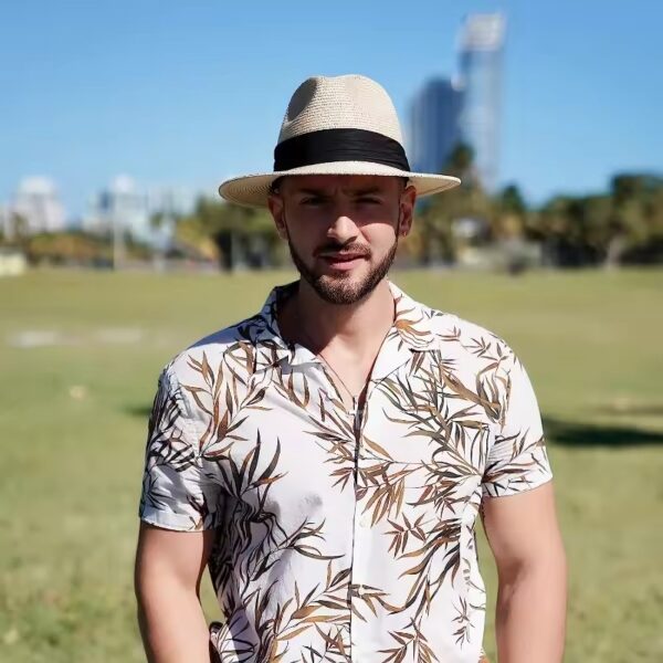 a man wears summer hat